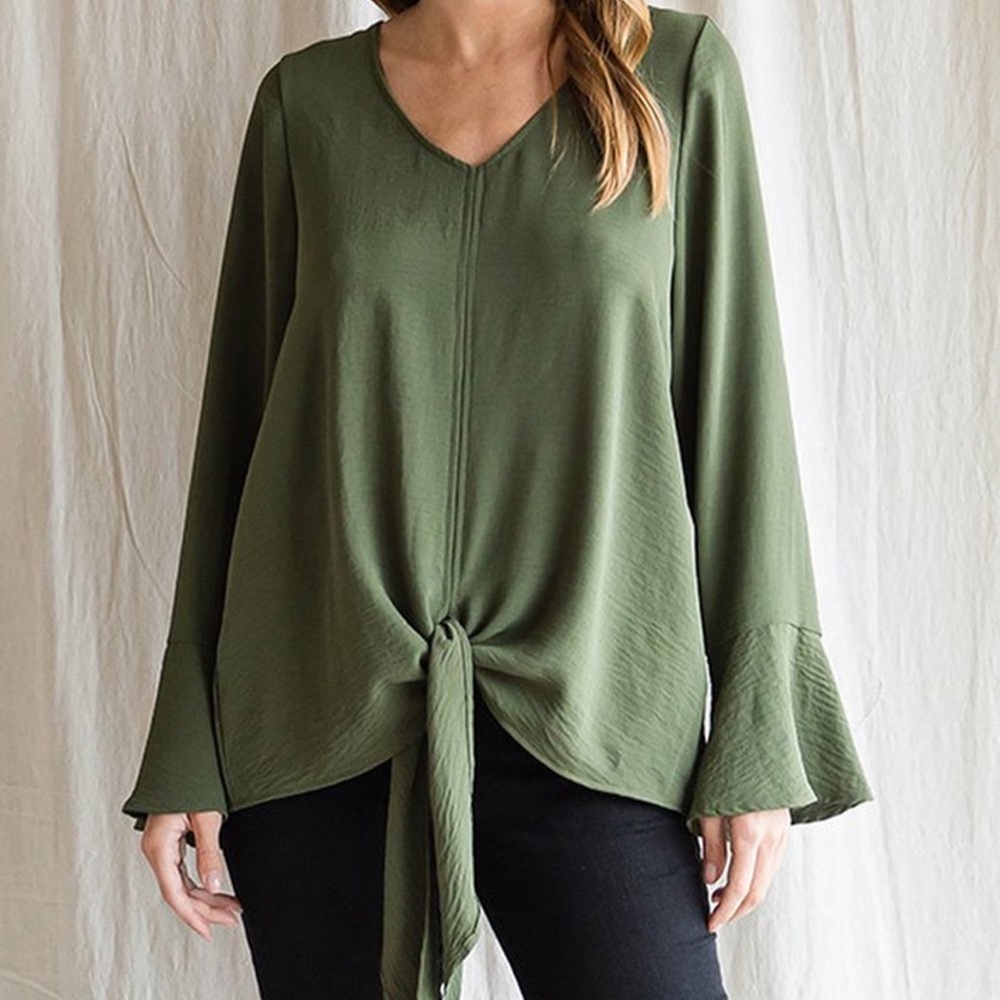 Tie Front V-Neck Blouse with Bell Sleeves
